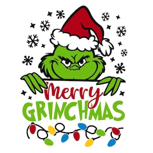 May include: A green Grinch character wearing a red Santa hat with white trim, holding a sign that says "merry GRINCHmas" in red and green. The design includes snowflakes and a string of colourful Christmas lights.