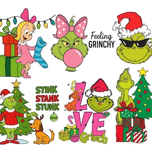 Pode incluir: Uma coleção de ilustrações de desenhos animados com personagens de uma história de Natal. As imagens incluem o Grinch, Cindy Lou Who e Max, o cão, juntamente com árvores de Natal, presentes e texto que diz "Feeling Grinchy", "Stink Stank Stunk" e "Love Grinch".