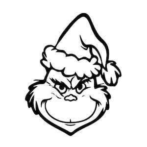 Puede incluir: Ilustración en blanco y negro de la cara de un personaje con un gorro de Papá Noel. El personaje tiene una sonrisa traviesa, una ceja fruncida y un borde de sombrero esponjoso. La imagen es un dibujo lineal sobre un fondo blanco.