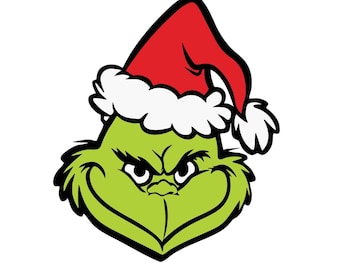 Può includere: Illustrazione di un cartone animato di un volto verde con un cappello di Babbo Natale rosso con finiture bianche. Il personaggio ha un sorriso malizioso, occhi neri e un mento a punta, su sfondo bianco. Immagine di design festivo.