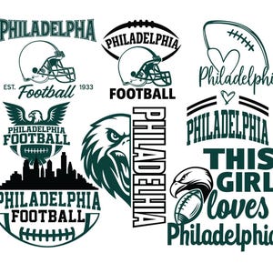 May include: A collection of Philadelphia football-themed graphics in green and white. Designs include football helmets, footballs, the Philadelphia skyline, and the text "Philadelphia Football" and "This Girl Loves Philadelphia."