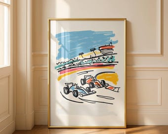 Vintage Formula One Racing Art Print – Retro Car Poster, Minimalist Line Art, Kids Room Decor, Toddler Boy Wall Art