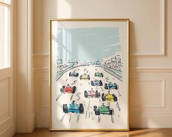 Vintage Race Car Nursery Wall Art – Retro Formula One Poster, Minimalist Kids Room Decor, Boys Room Print