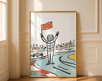 Vintage Race Car Driver Wall Art – Retro Motorsport Poster, Kids Room Decor, Minimalist Line Art Print, Boy Nursery Decor