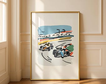Vintage Racing Car Line Art Poster – Retro Formula One Battle, Minimalist Kids Room Decor, Toddler Boy Wall Art Print