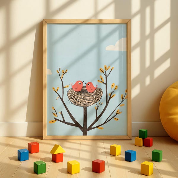 Lámina artística de pajaritos en un nido: decoración infantil encantadora, arte para la pared de los niños, póster de animales divertido, colores vivos e intensos, ilustración de cuento.