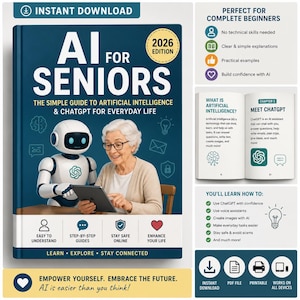 May include: A book titled "AI for Seniors" with a 2026 edition. The cover features an illustration of a robot and an elderly woman using a tablet. The book promises to be a simple guide to artificial intelligence and ChatGPT for everyday life.