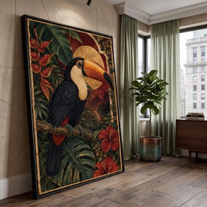 Tropisk tukanfågelcanvas, exotisk djungelväggkonst, illustration av stor näbbfågel, botanisk canvasdekor, konstverk med natur och djurliv