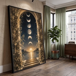 May include: A large framed wall art piece featuring a vertical sequence of moon phases above a calm body of water. The scene is framed by stone arches adorned with climbing vines, leading to a set of stairs descending toward the glowing horizon.