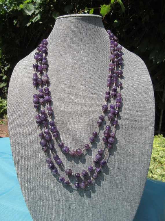 Knotted Silk Cord and Amethyst Triple Strand Bead… - image 1