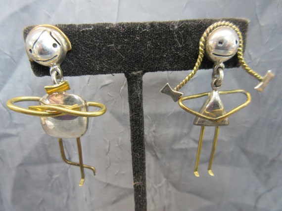 Sterling and Brass Boy & Girl Figure Post Earrings - image 2