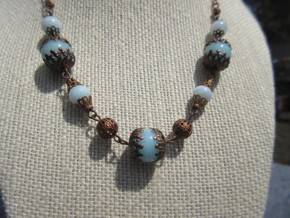 Copper and Blue Stone Bead Choker Necklace - image 2