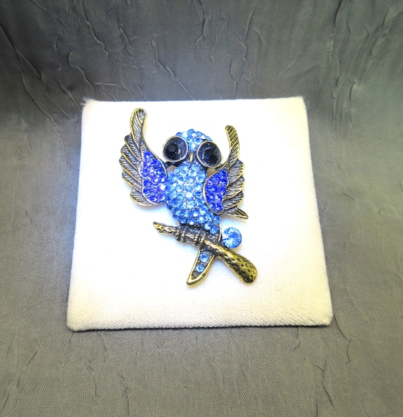 Blue Rhinestone Owl Brooch - image 1