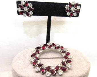 B David Red and Clear Rhinestone Circle Pin and Earrings