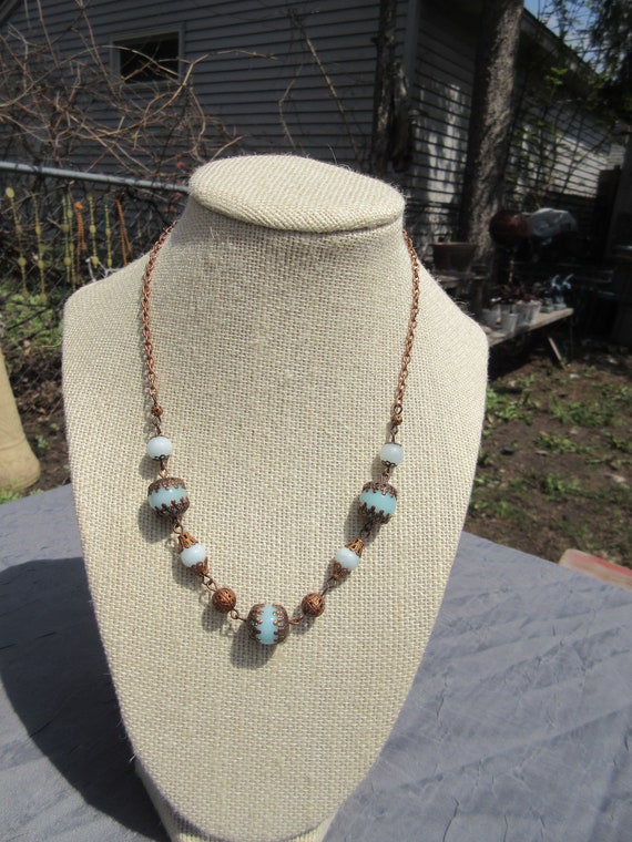 Copper and Blue Stone Bead Choker Necklace - image 1