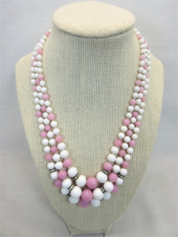 Triple Strand Pink and White Glass Bead Necklace