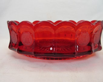 Fostoria Red Glass Oval Bowl Frosted Coin Pattern