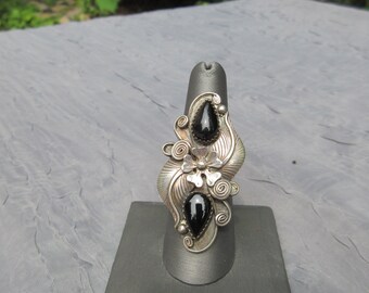 Large Sterling and Onyx Ring with Flower and Leaves