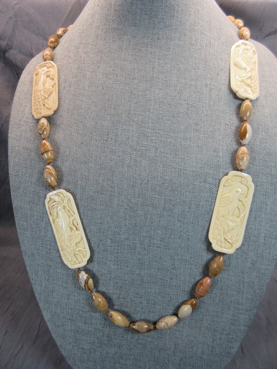 Picture Jasper Bead Necklace with Carved Bone Pane