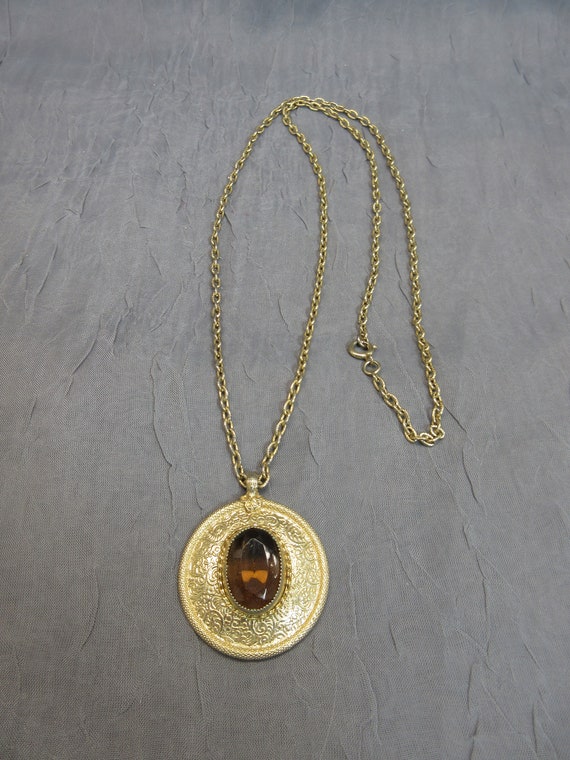 Emmons Gold Tone Pendant with Brown Glass Stone - image 4