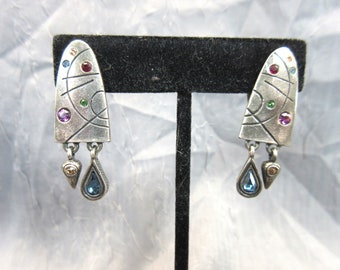 Sterling and Colorful Rhinestone Fantasy Clip Earrings