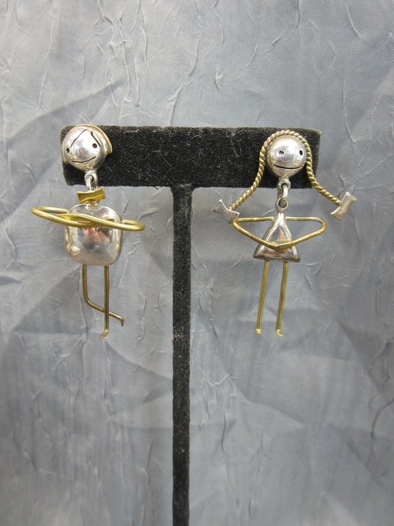 Sterling and Brass Boy & Girl Figure Post Earrings - image 1