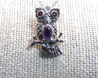 Sterling Owl Pendant with Amethyst Stone