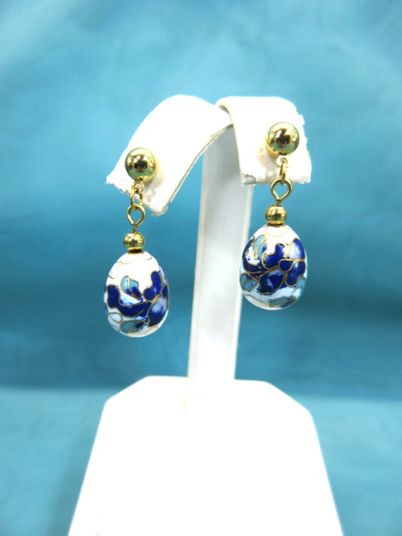 Blue and White Cloisonne Flower Drop Earrings