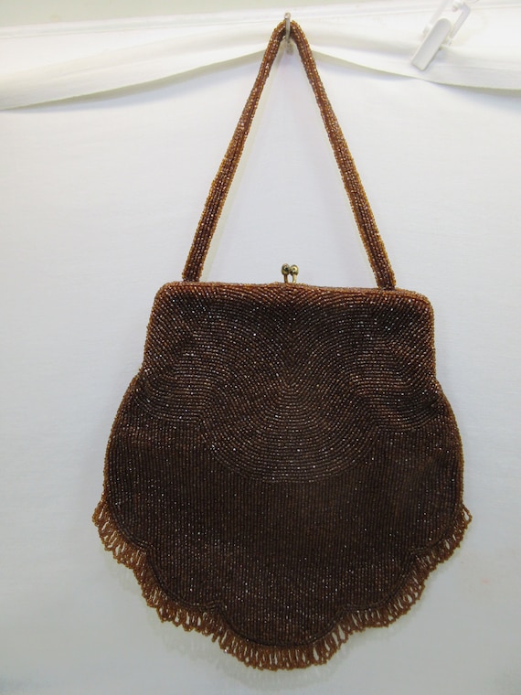 Vintage Brown Beaded Handbag with Fringe