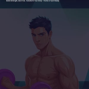 Può includere: Illustrazione digitale di una persona muscolosa che tiene due manubri viola. L'immagine include il testo "4-Day Dumbbell Transformation Program" e lo slogan "Build Strength, Burn Fat, Transform Your Body - Home or Gym Ready."