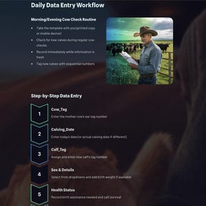 Könnte beinhalten: Ein digitaler Workflow-Leitfaden mit dem Titel "Daily Data Entry Workflow" mit Schritten für Kuhkontrollen und Dateneingabe. Der Leitfaden enthält ein Foto eines Landwirts auf einem Feld. Die Schritte umfassen die Aufzeichnung von Kuh-Tag, Kalbedatum, Kalb-Tag, Geschlecht, Details und Gesundheitszustand.
