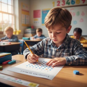 May include: A young student in a plaid shirt concentrates on a math worksheet at a wooden desk in a classroom. The worksheet features a pattern of blue and orange dots. Other students are visible in the background, along with a whiteboard and a window.