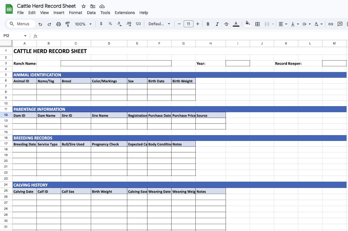 Cattle Herd Record Sheet: Livestock Management Tracker (excel, Google ...