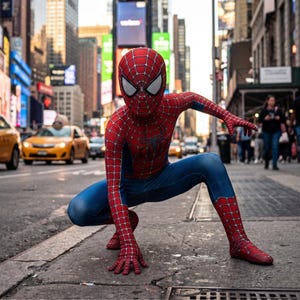 Op de afbeelding: Een persoon in een Spider-Man-kostuum hurkt op een stoep in de stad. Het rood-blauwe pak heeft een webpatroon en een masker. De achtergrond omvat gele taxi's, gebouwen en straatnaamborden.