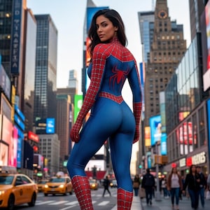 May include: A full-body spandex bodysuit featuring a classic red and blue color scheme with a black web pattern. The suit includes a red spider emblem on the back and covers the arms and legs, designed with a textured fabric finish throughout.