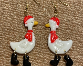 Handmade Christmas Duck Earrings – Polymer Clay Festive Duck with Boots