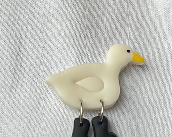 Handmade Polymer Clay Duck Pin with Dangling Boots | Kawaii Accessory for Jackets, Bags
