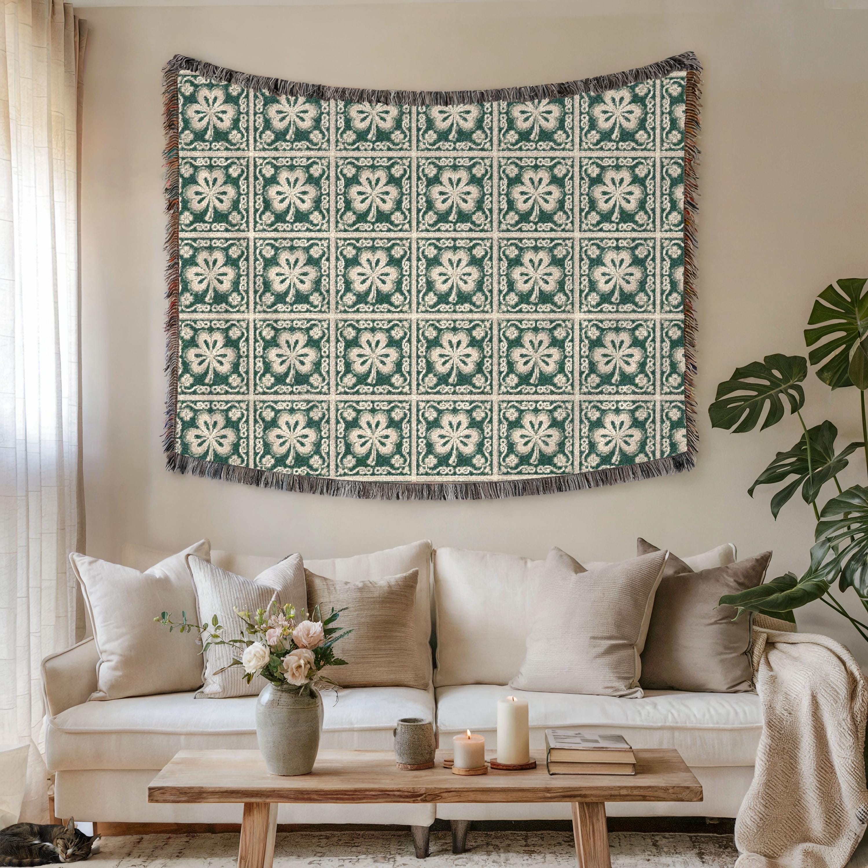 Celtic Shamrock Blanket, Irish Woven Throw, Gaelic Home Decor Gift, Housewarming Heirloom, Heritage Cotton Tapestry, Anniversary Gift