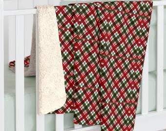 Rot Grün Karierte Sherpa Decke | Kuscheliger Weihnachts Fleece Überwurf