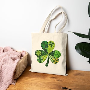 Bolsa de tela con diseño de trébol y patchwork falso / Bolsa de lona 100 % algodón para compras