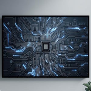 Könnte beinhalten: Gerahmter Digitaldruck mit einem detaillierten Leiterplattendesign mit blau leuchtenden Linien. Das Kunstwerk hängt an einer grauen Wand über einem modernen grauen Stuhl und einer Topfpflanze.