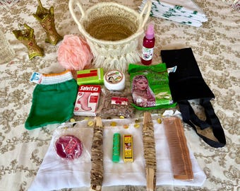 Moroccan Hammam Spa Kit | Handmade Bath Gift Set with Black Soap, Kessa Glove, Rose Water, Argan Care | Bridal Shower Gift Basket