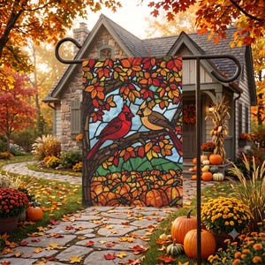 Puede incluir: Una bandera de jardín rectangular con una ilustración estilo vitral de dos cardenales posados en una rama de árbol entre hojas de otoño, con un campo de calabazas naranjas debajo, exhibida en un soporte de metal negro.