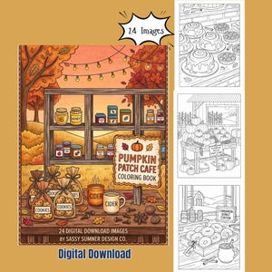 Könnte beinhalten: Ein digitales Malbuch mit dem Titel Pumpkin Patch Cafe mit 24 Bildern. Das Cover zeigt einen Holzstand mit Gläsern, Kekstüten und Bechern mit Apfelwein unter Lichterketten. Drei schwarz-weiße Strichzeichnungen sind daneben abgebildet.