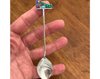 Vintage Sterling Silver Spoon Enamel Peacock 5" Colorful Collectible 8.79g