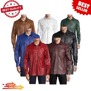 Könnte beinhalten: Eine Auswahl an Hemden mit Knopfleiste in Lederoptik in verschiedenen Farben: Braun, Weiß, Blau, Rot und Schwarz. Jedes Hemd hat zwei Brusttaschen. Das Bild enthält die Aufschriften "Best Quality" und "Best Seller".