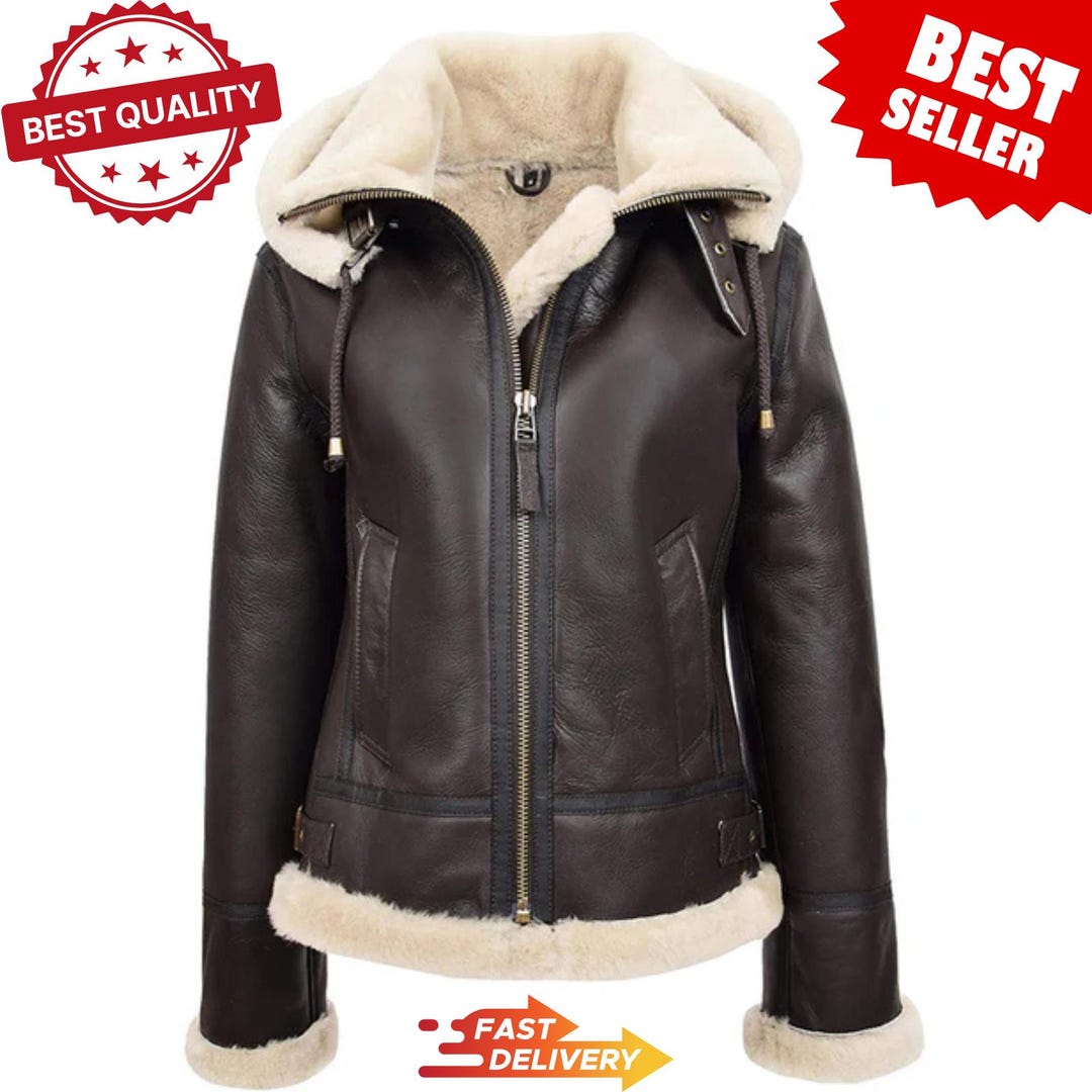 Womens Real Sheepskin Flying Jacket Brown & Black Hooded Shearling B3 ...