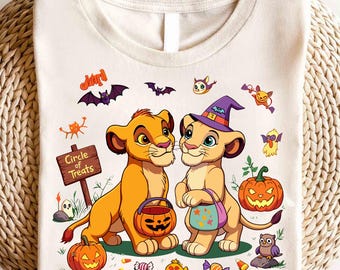 Simba Nala Halloween T-Shirt Cute Lion Cubs Trick or Treat Pumpkin Candy Witch Hat Spooky Cartoon Graphic Tee