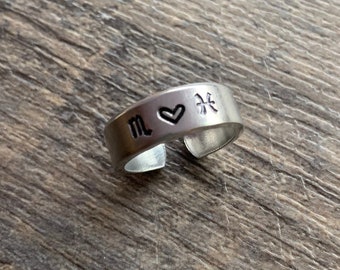 Zodiac Sign Couple Ring  Hand Stamped Ring- Capricorn Aquarius Pisces Aries Taurus Gemini  Cancer Leo Virgo Libra Scorpio Sagittarius