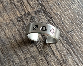 Sun Moon & Rising Zodiac Sign Hand Stamped Ring- Capricorn Aquarius Pisces Aries Taurus Gemini  Cancer Leo Virgo Libra Scorpio Sagittarius